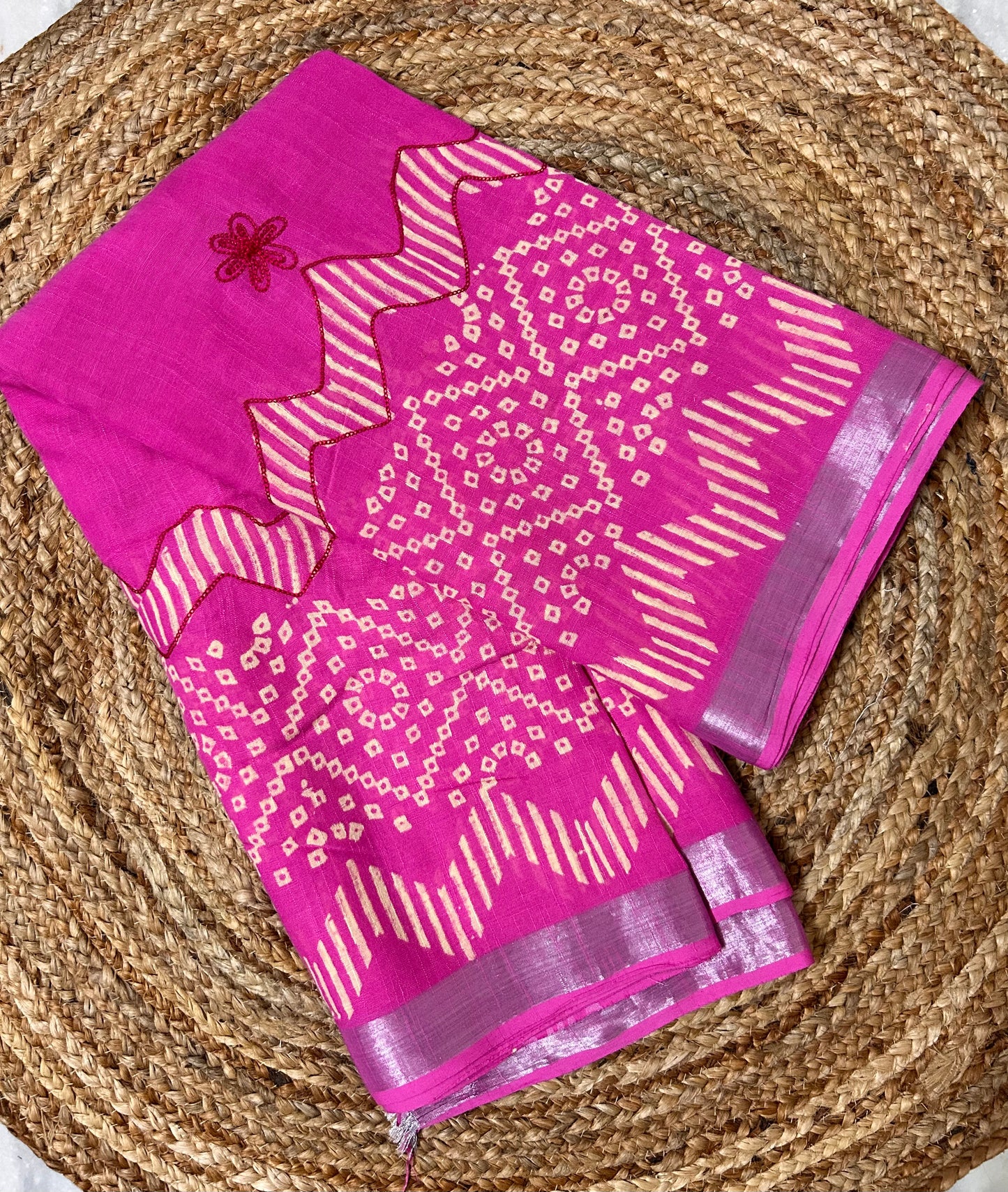 Pink Linen cotton Embroidery Saree