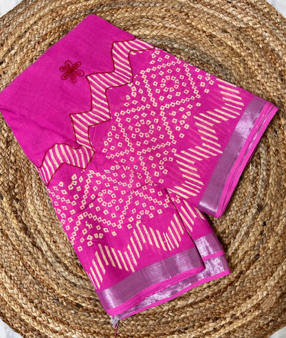 Pink Linen cotton Embroidery Saree
