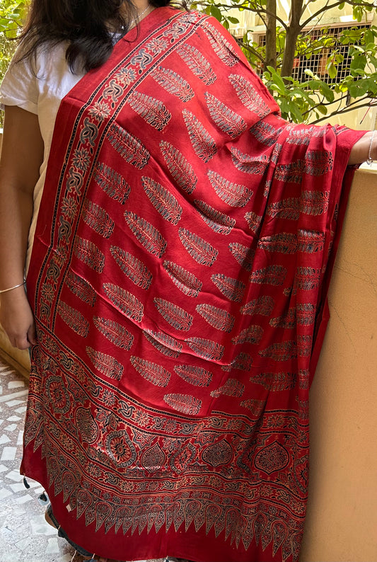 Red Ajrakh Modal Silk Handblock printed Dupatta