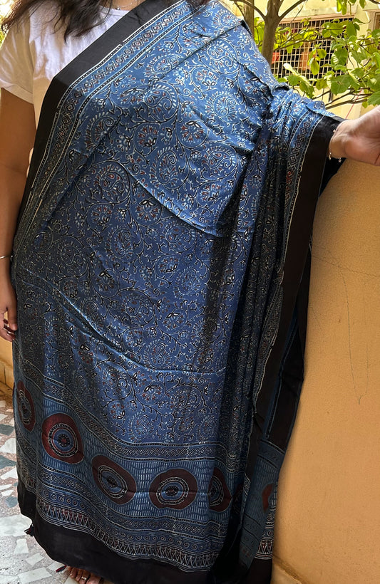 Blue Ajrakh Modal Silk Handblock printed Dupatta