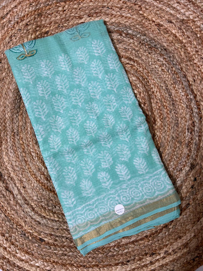 Pastel Green Kota Doria Embroidery Saree