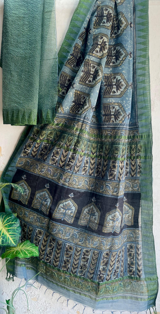Dusty blue Vanaspati Ajrakh Silk Cotton Saree