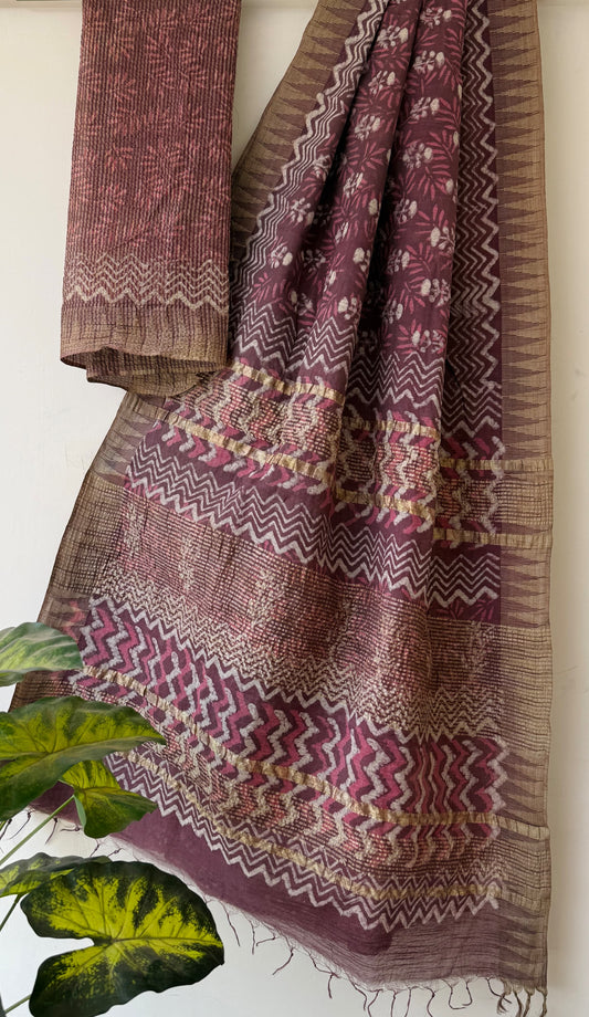 Light Wine Vanaspati Ajrakh Linen Saree