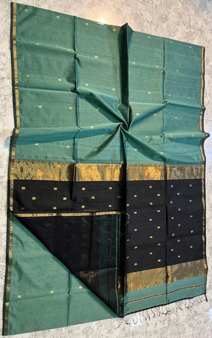 Slate Green & Black Maheswari Silk Cotton Handloom Saree