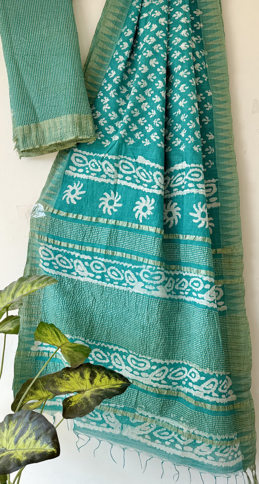 Teal Green Vanaspati Ajrakh Linen Saree