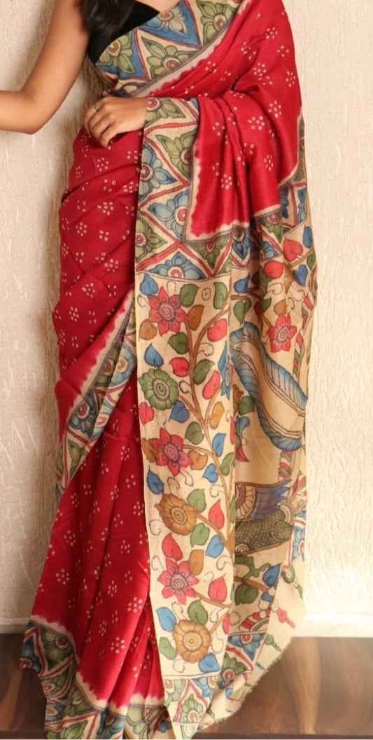 Red & Beige Pure Bishanpuri Silk Saree