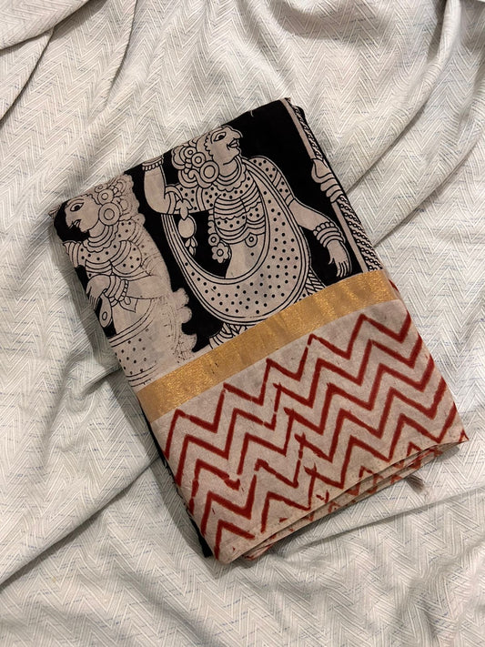 Black & Beige Kalamkari Saree in Chennuri Silk