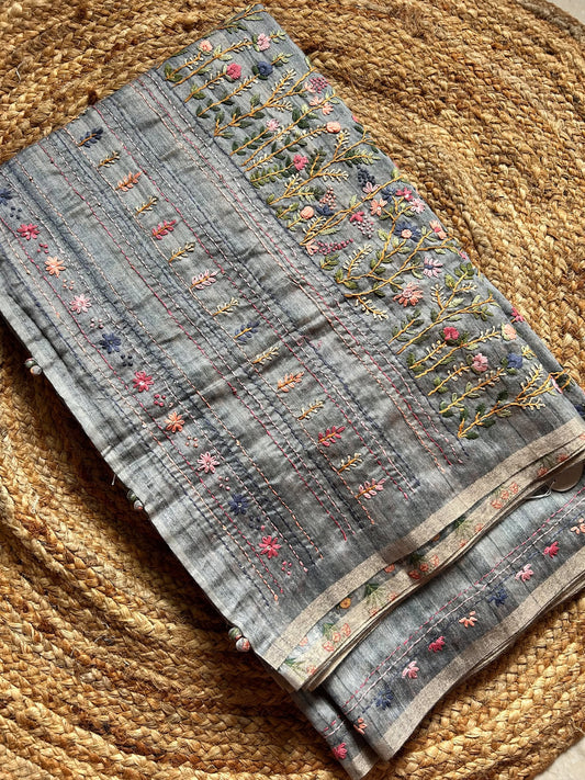 Dusty Gray Blended Tussar Saree with Parsi Bullion Knot work