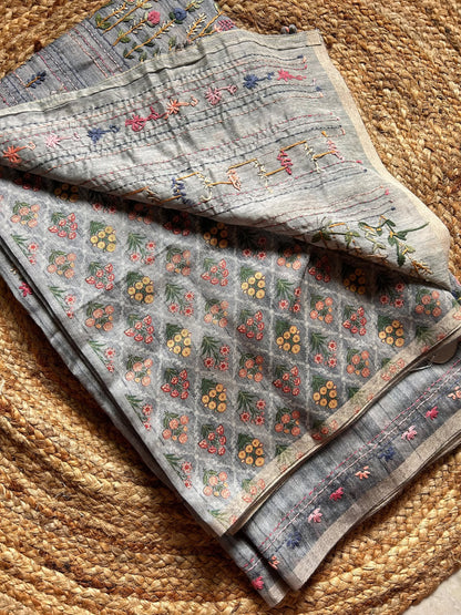 Dusty Gray Blended Tussar Saree with Parsi Bullion Knot work
