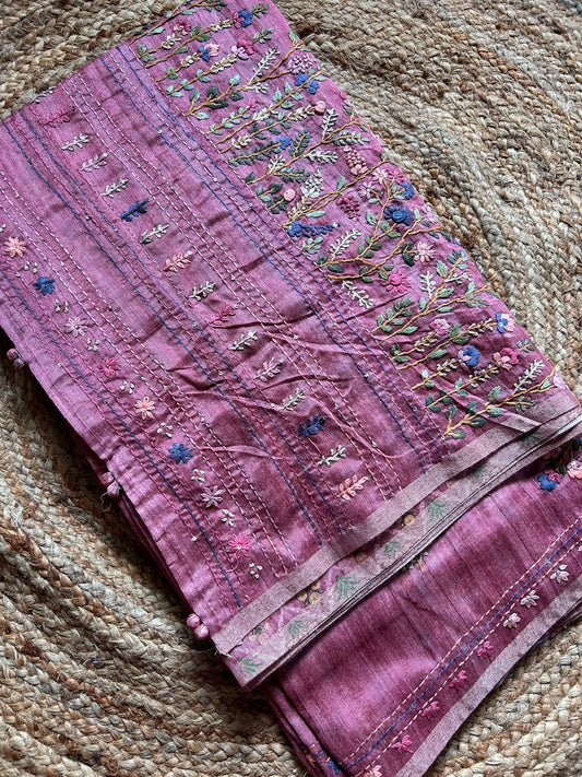 Dusty Pink Blended Tussar Saree with Parsi Bullion Knot work